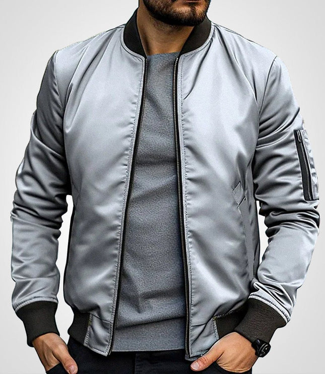 Men's Classic Slim-Fit Zip-Up Bomber Jacket - Light Gray