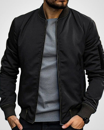 Men's Classic Slim-Fit Zip-Up Bomber Jacket - Black