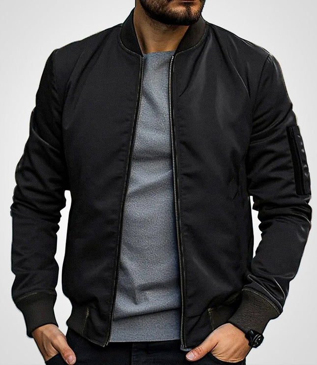 Men's Classic Slim-Fit Zip-Up Bomber Jacket - Black