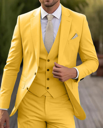 Golden yellow formal suit with matching vest and textured tie