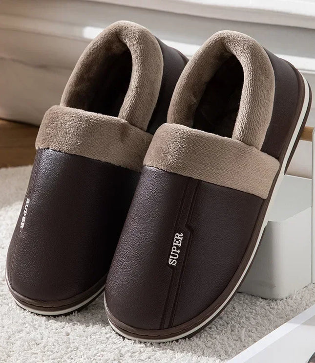 Men's Closed Back Slippers with Plush Collar and Striped Sole