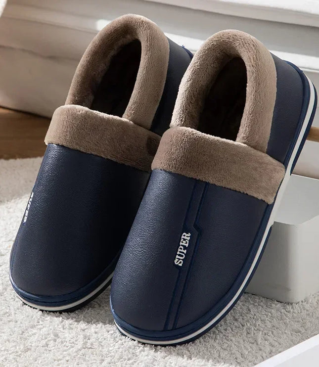 Men's Closed Back Slippers with Plush Collar and Striped Sole