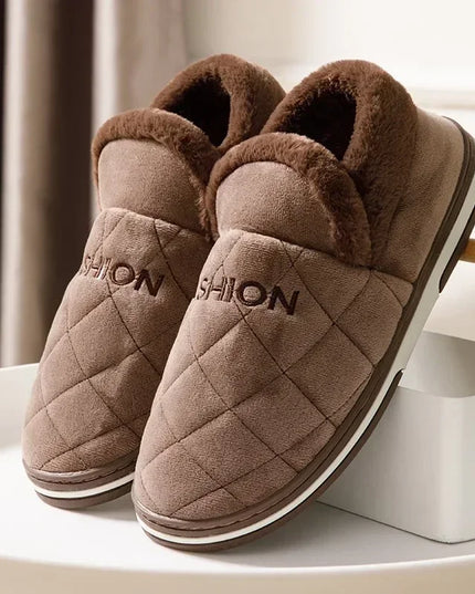 Men's Closed Back Slippers with Plush Collar and Striped Sole