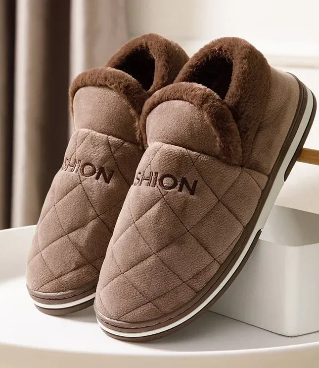 Men's Closed Back Slippers with Plush Collar and Striped Sole