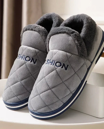 Men's Closed Back Slippers with Plush Collar and Striped Sole