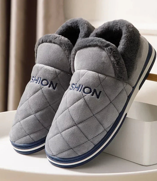 Men's Closed Back Slippers with Plush Collar and Striped Sole