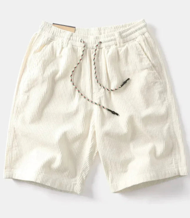 Cream corduroy shorts with multicolor drawstring waist detail
