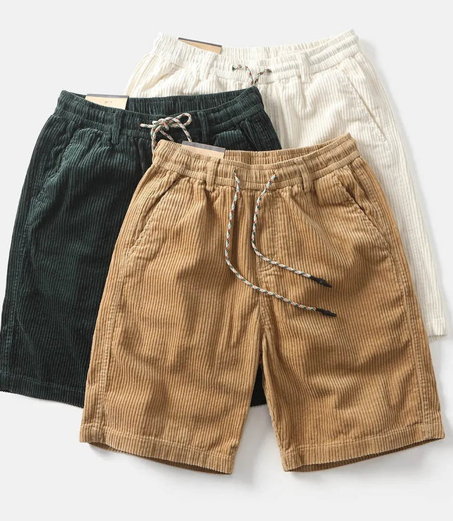 Three relaxed corduroy shorts in tan, green, and cream colorways