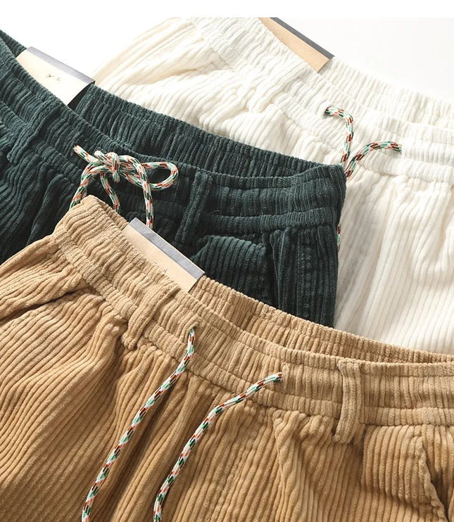 Close-up of corduroy shorts drawstring waist and pocket details