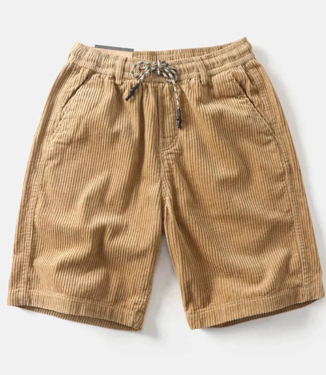 Tan corduroy shorts with drawstring waist and front pockets