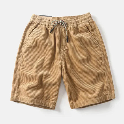 Tan corduroy shorts with drawstring waist and front pockets
