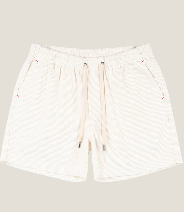 Cream white corduroy shorts with drawstring waist and vertical ribbed pattern