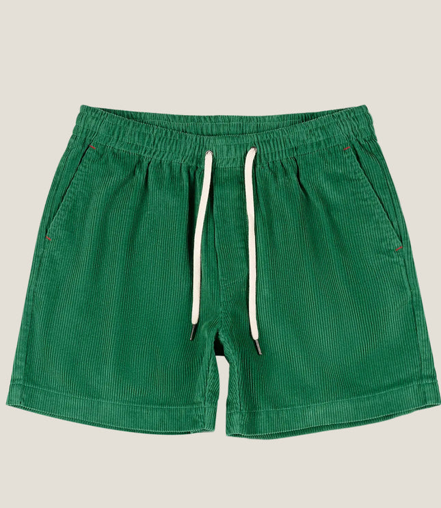 Forest green corduroy drawstring shorts with relaxed fit and ribbed fabric