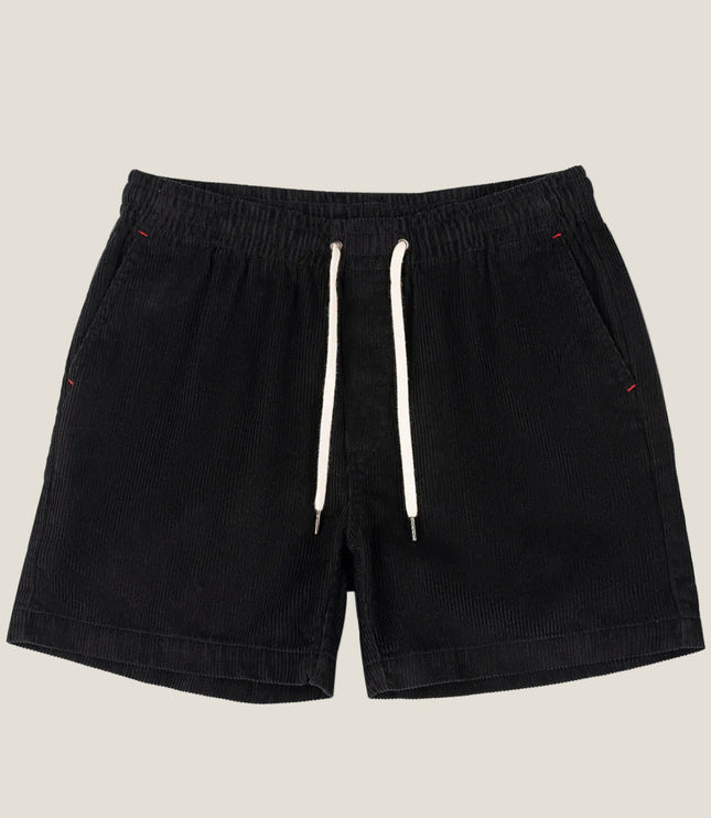 Black corduroy shorts with drawstring closure and textured ribbed weave