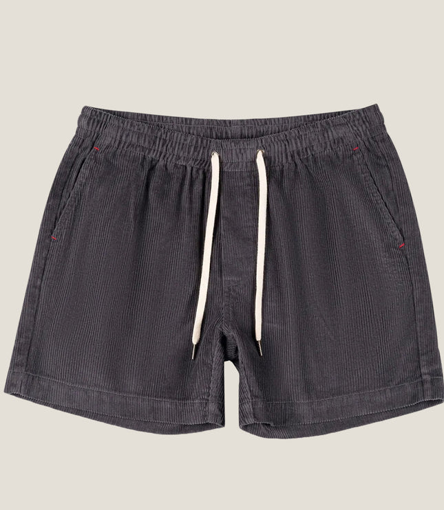 Charcoal gray corduroy drawstring shorts with relaxed silhouette and pockets