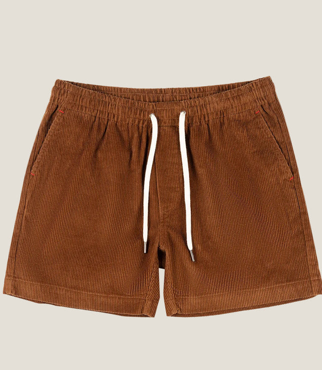 Caramel brown corduroy shorts with drawstring waist and vertical rib texture
