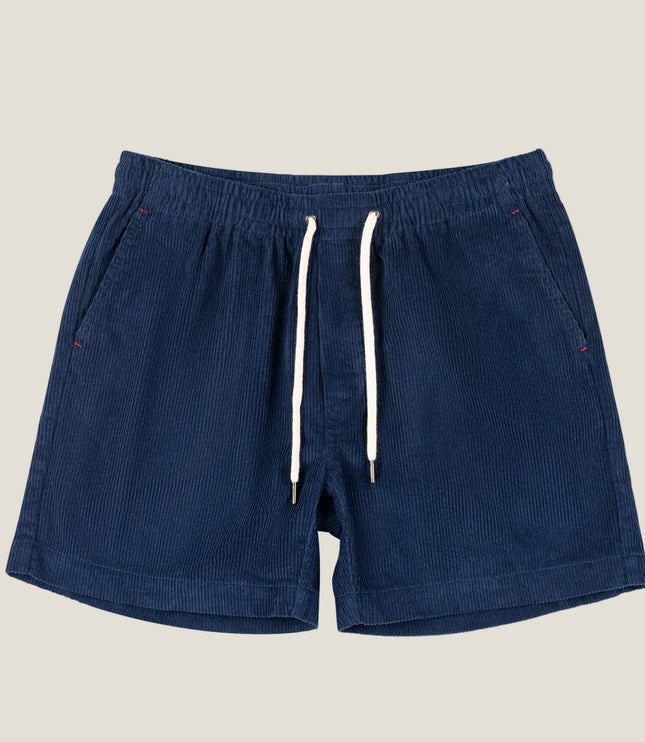 Navy blue corduroy drawstring shorts with ribbed texture and side pockets