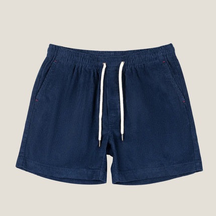 Navy blue corduroy drawstring shorts with ribbed texture and side pockets