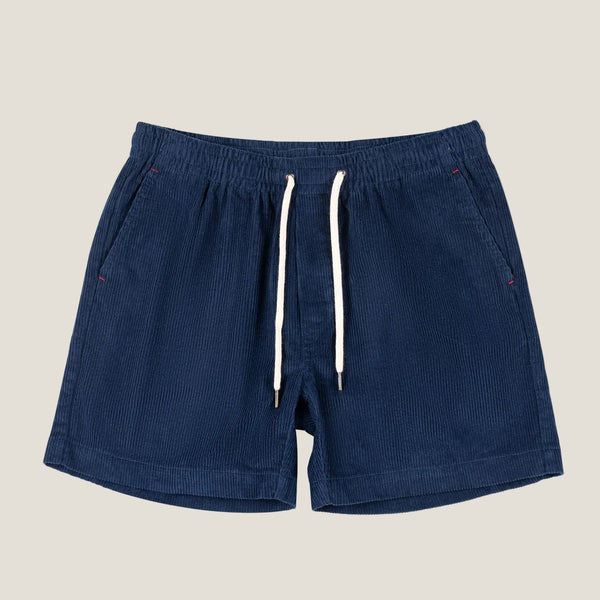 Navy blue corduroy drawstring shorts with ribbed texture and side pockets