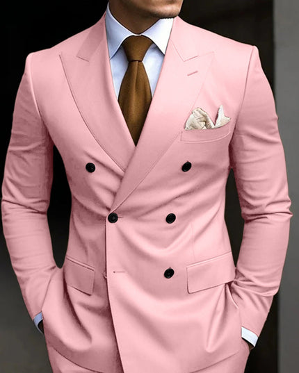 Blush pink double-breasted formal suit with black buttons and notch lapels