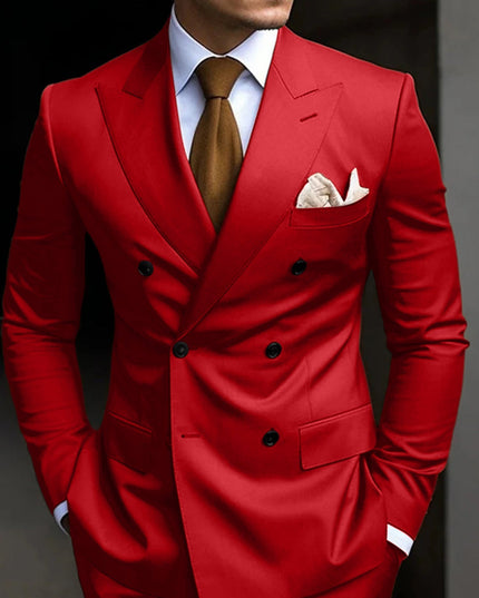 Red double-breasted wedding suit with black buttons and brown tie