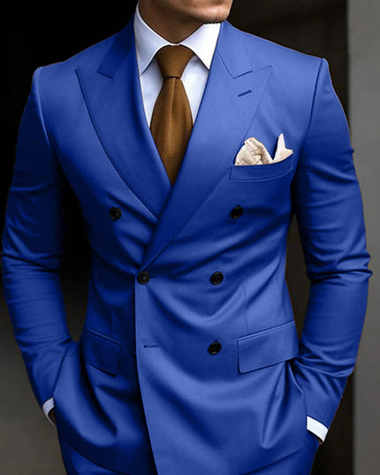 Royal blue double-breasted formal suit with brown tie and white handkerchief