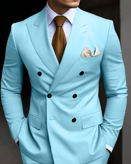 Light blue double-breasted formal suit with brown tie and cream pocket square
