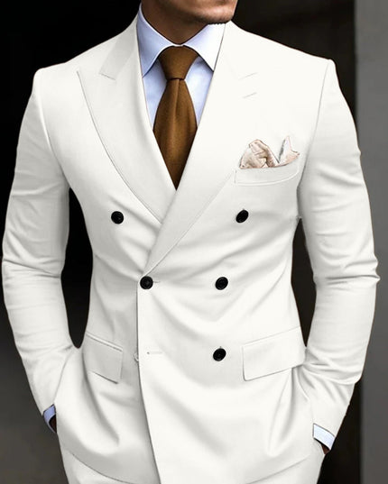 Cream double-breasted formal suit with brown tie and beige pocket square