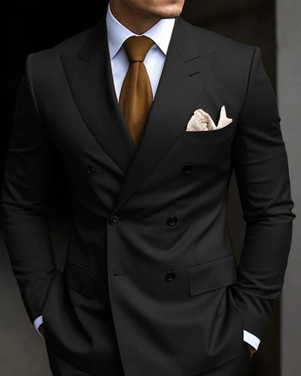 Black double-breasted formal suit with peaked lapels and pocket detail