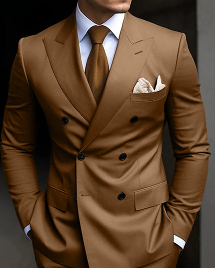 Tan double-breasted formal suit with six-button front and tailored cut