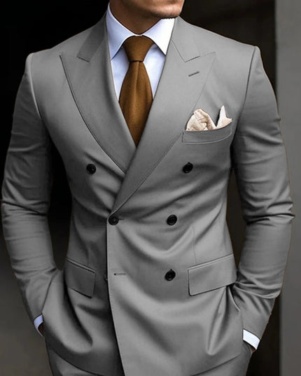 Light gray double-breasted formal suit with notch lapels and black buttons