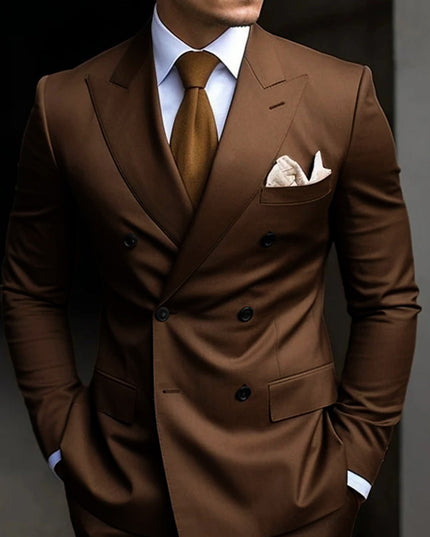 Brown double-breasted formal suit with notch lapels and black buttons