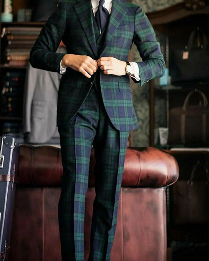 Men's green and navy tartan plaid three piece suit with single breasted blazer