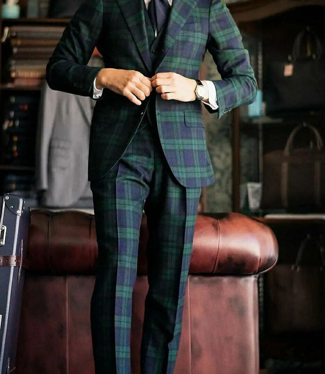 Men's green and navy tartan plaid three piece suit with single breasted blazer