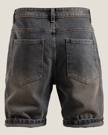 Back view of blue textured denim shorts showing pocket details