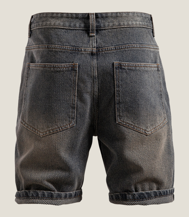 Back view of blue textured denim shorts showing pocket details