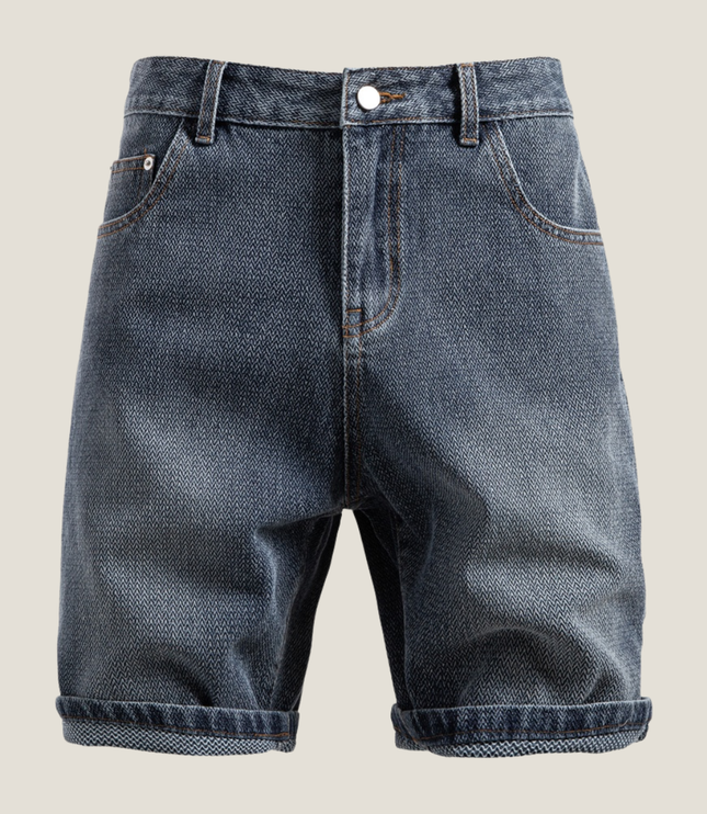 Rear detail of relaxed fit denim shorts with contrast stitching