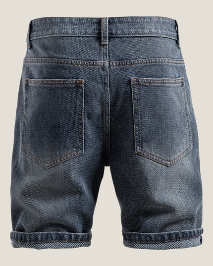 Front flat lay of textured denim shorts with visible waistband