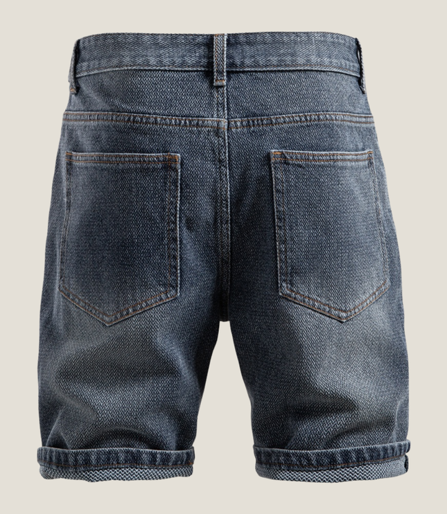 Front flat lay of textured denim shorts with visible waistband