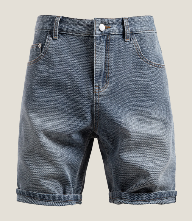 Back flat lay of blue denim shorts showing rolled hem construction