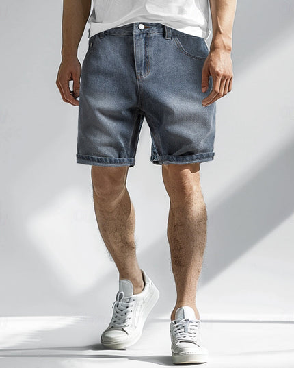 Men's relaxed textured denim shorts with rolled cuff hem in blue