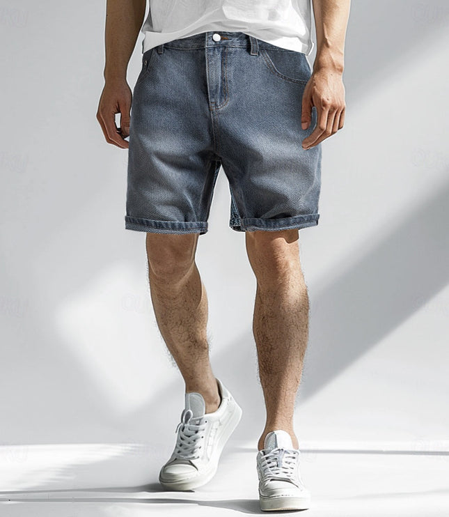 Men's relaxed textured denim shorts with rolled cuff hem in blue