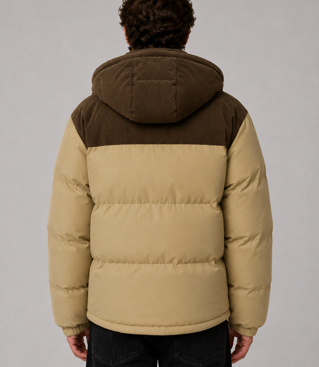 Men's Detachable Hood Corduroy Panel Puffer Jacket