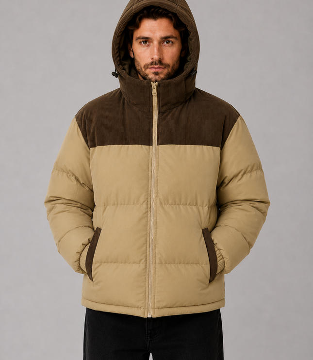 Men's Detachable Hood Corduroy Panel Puffer Jacket