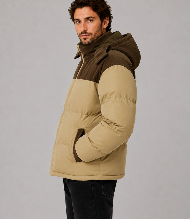 Men's Detachable Hood Corduroy Panel Puffer Jacket