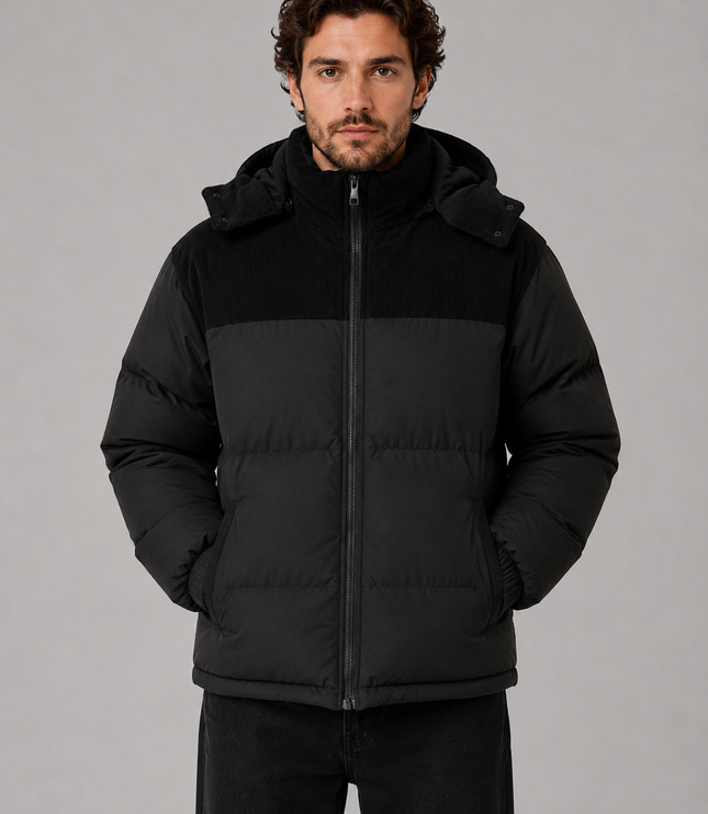 Men's Detachable Hood Corduroy Panel Puffer Jacket