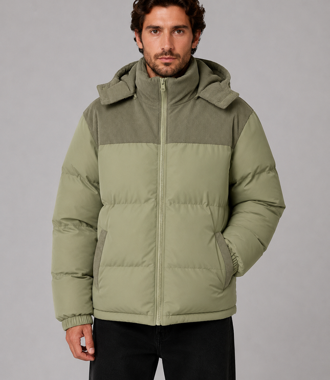 Men's Detachable Hood Corduroy Panel Puffer Jacket