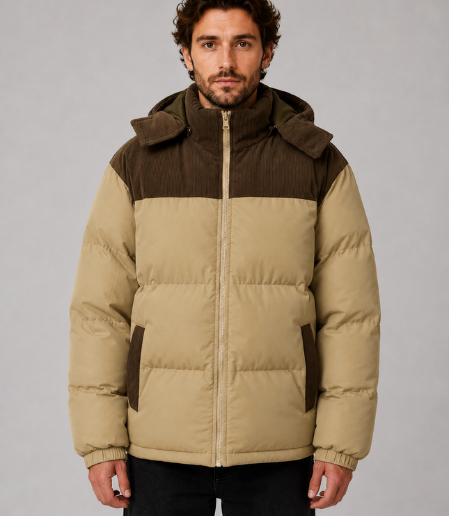 Men's Detachable Hood Corduroy Panel Puffer Jacket