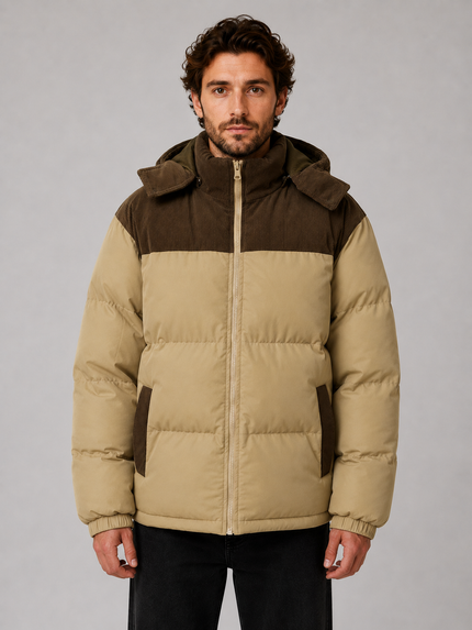 Men's Detachable Hood Corduroy Panel Puffer Jacket