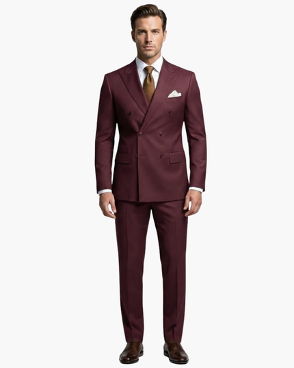 Burgundy double-breasted suit full-length view with notched lapels